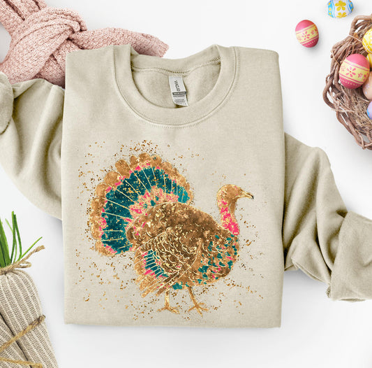 Painted Turkey Crewneck - Unisex Sweatshirts Cozy Fall Printed Graphic Pullover