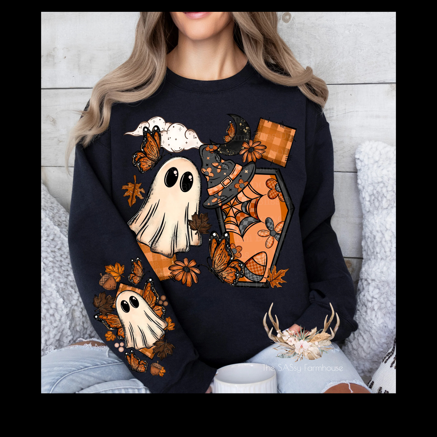 Ghost Of The Butterflies Crewneck – Unisex Pullover Sweater With Right Sleeve Design